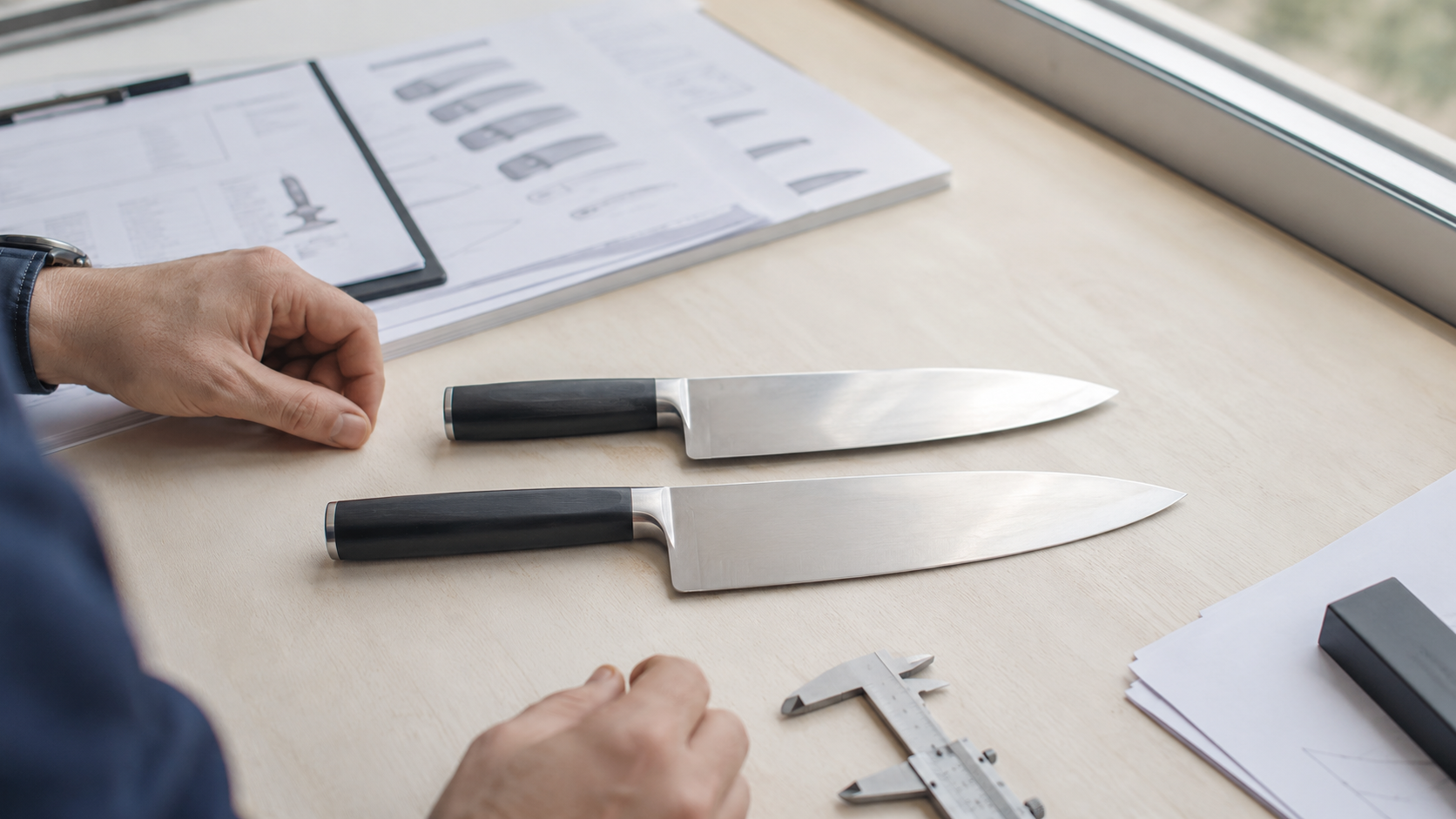 Buyer comparing two unbranded chef knives with similar blades but different overall lengths
