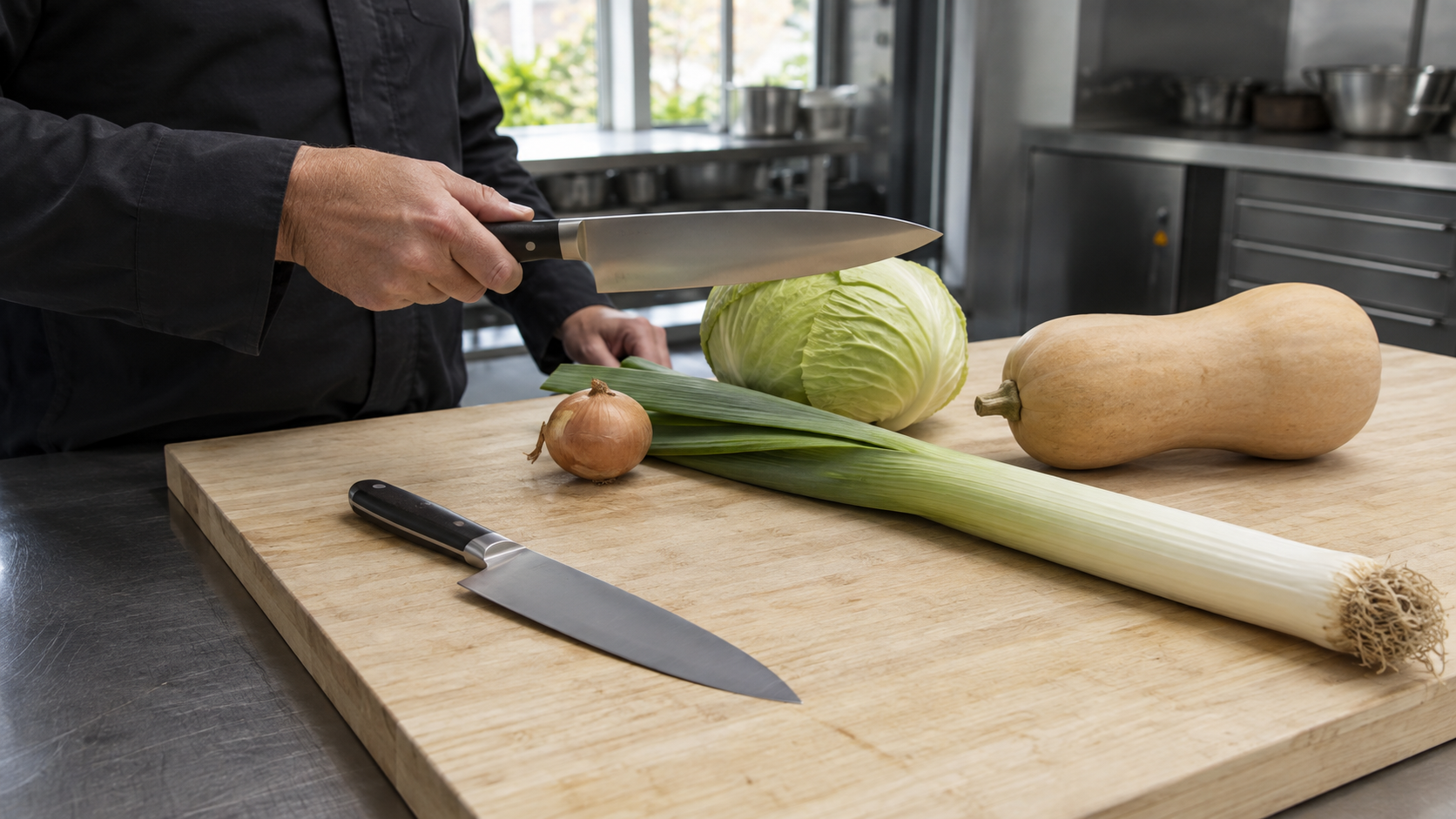 Buyer comparing two unbranded chef knives with foods of different physical sizes