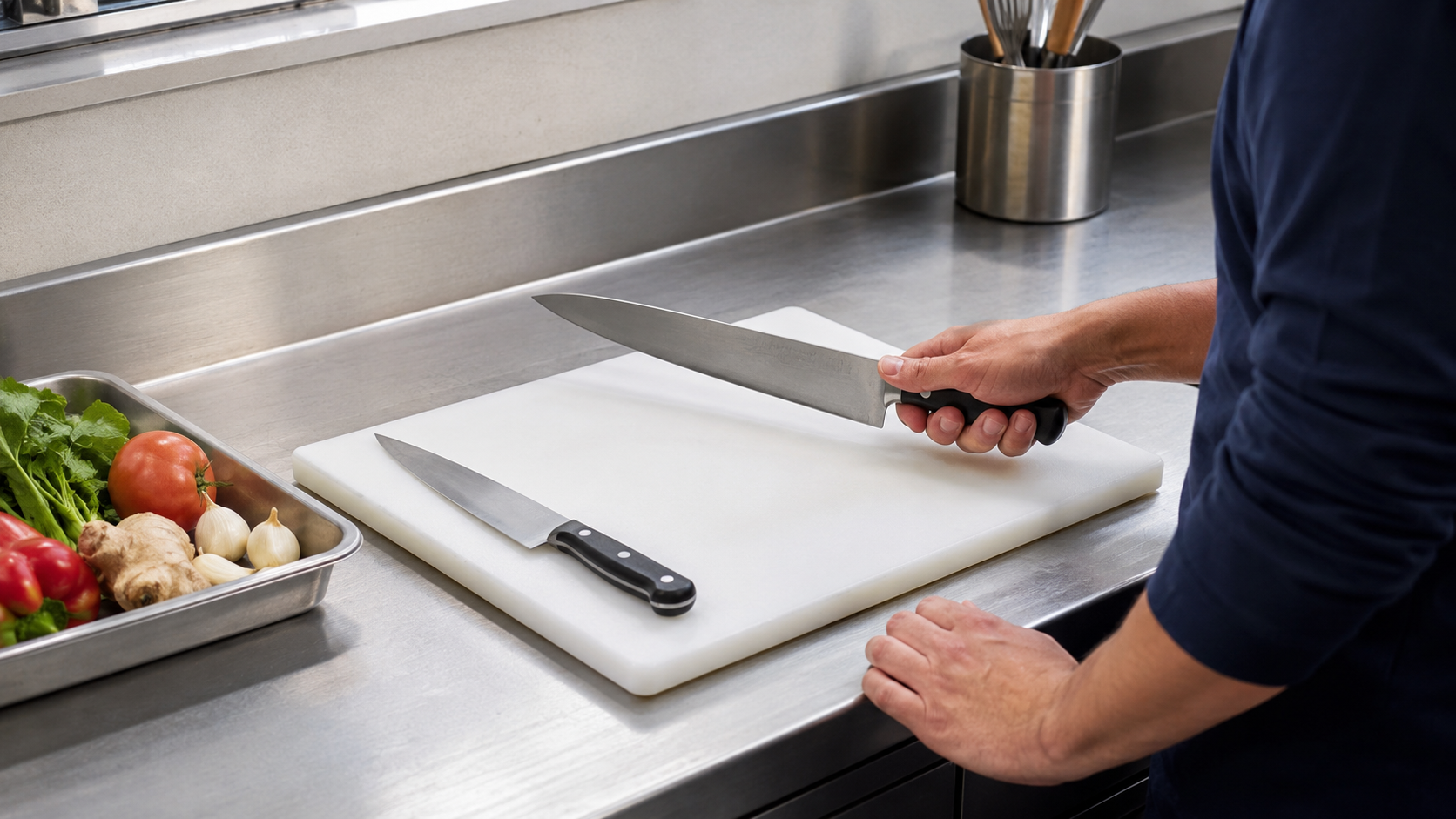 User checking two chef knife lengths on a commercial cutting board with nearby workspace constraints