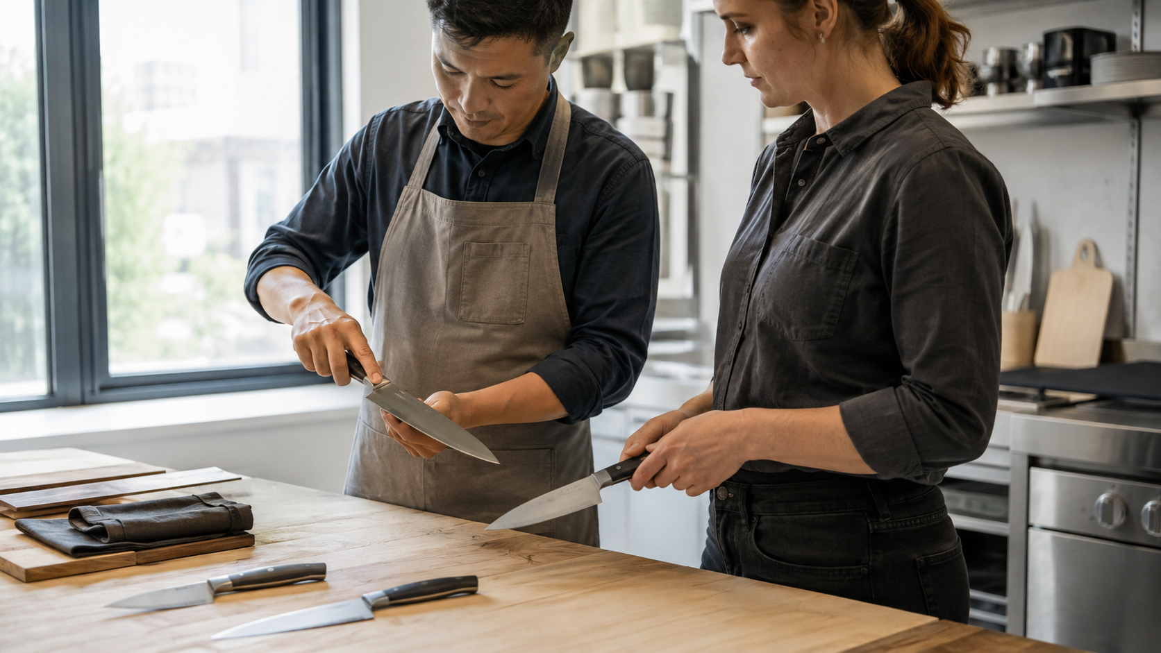 Two adult users evaluating grip and control with unbranded kitchen knife samples