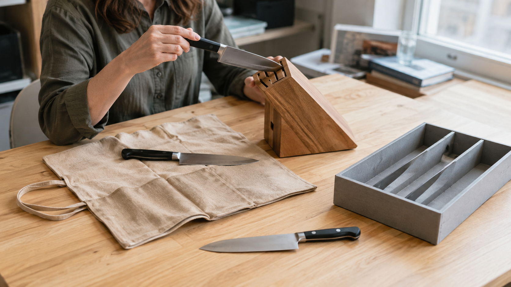 Buyer checking unbranded kitchen knives against a knife block, roll, and drawer insert