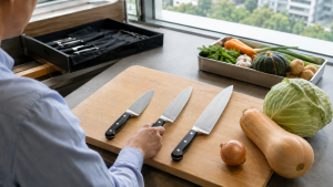 Unbranded kitchen knives of different lengths arranged for task and workspace comparison
