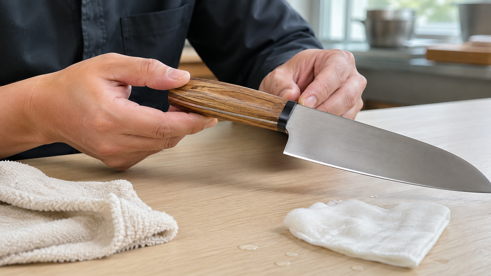 Buyer inspecting an unbranded wooden kitchen knife handle beside drying cloths
