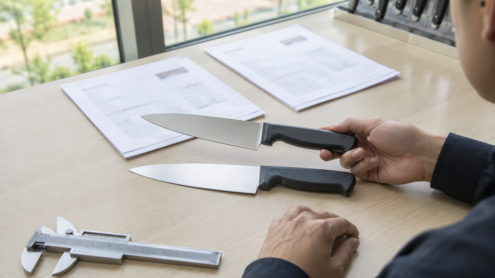 Buyer comparing two unbranded molded kitchen knife handles with specification documents