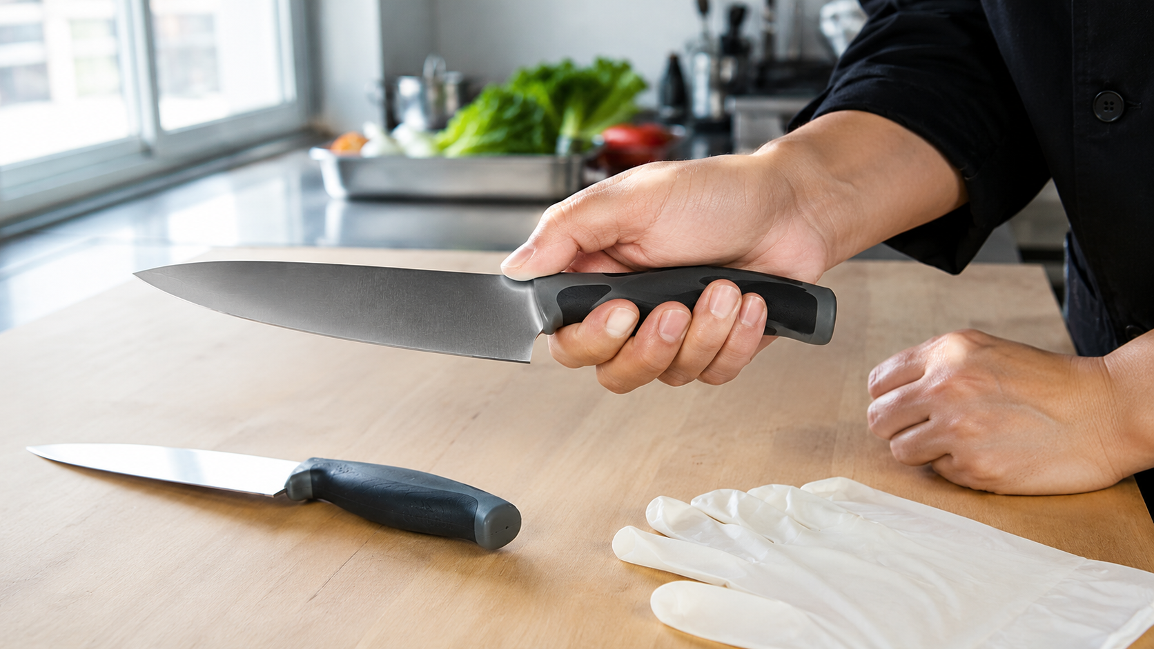 User evaluating an unbranded soft-touch kitchen knife handle with dry and gloved handling context