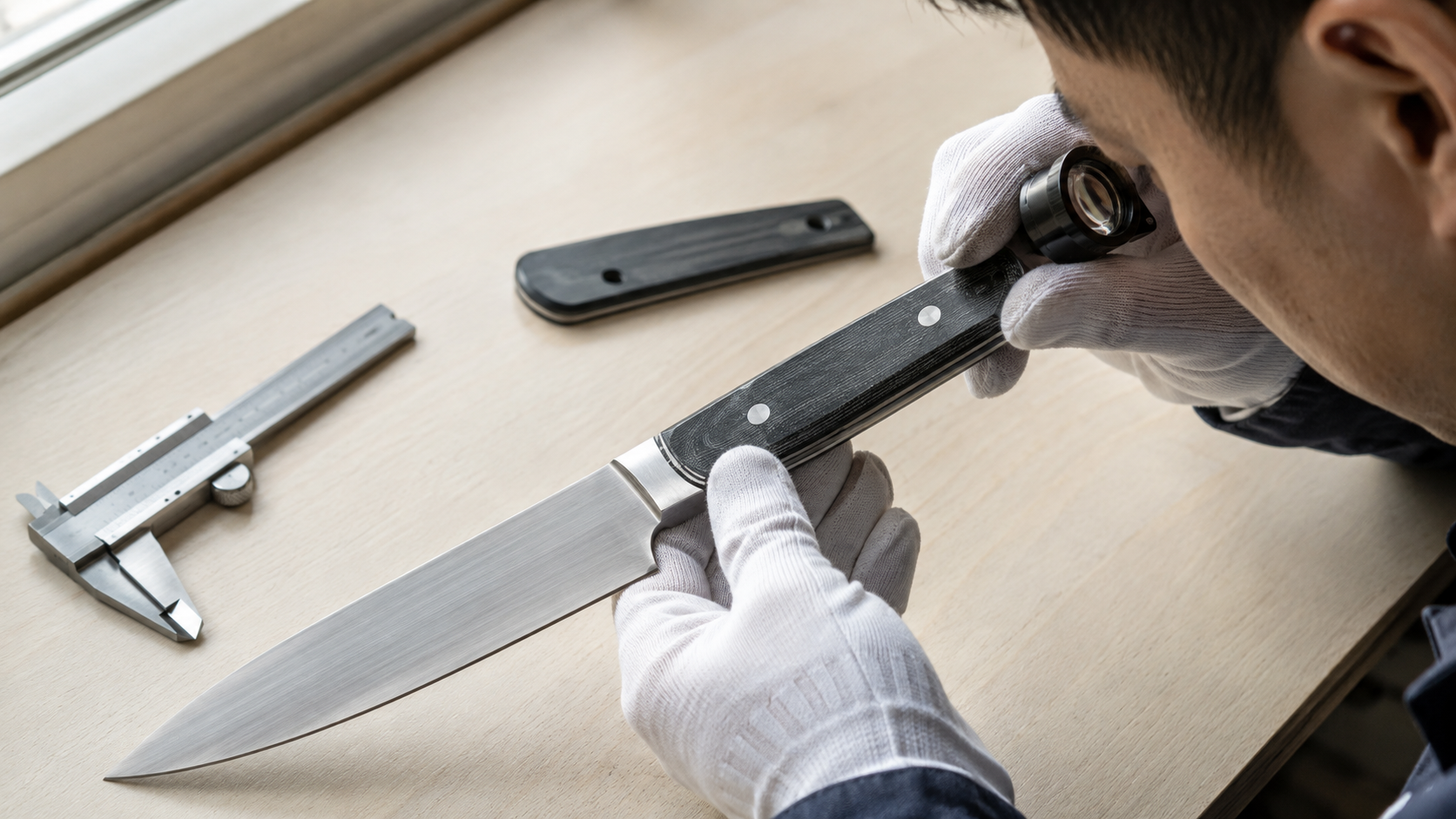 QC employee inspecting a machined composite kitchen knife handle with a magnifying loupe