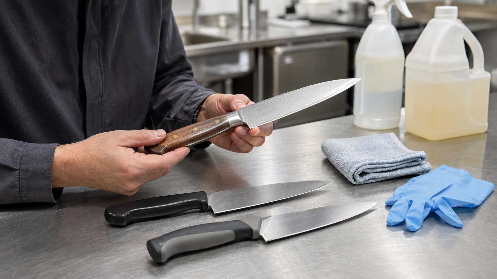 Buyer reviewing unbranded kitchen knife handles beside cleaning cloths, gloves, and chemical containers