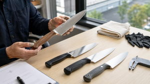 Unbranded kitchen knives with wood polymer rubber and composite handle samples arranged for use-environment comparison