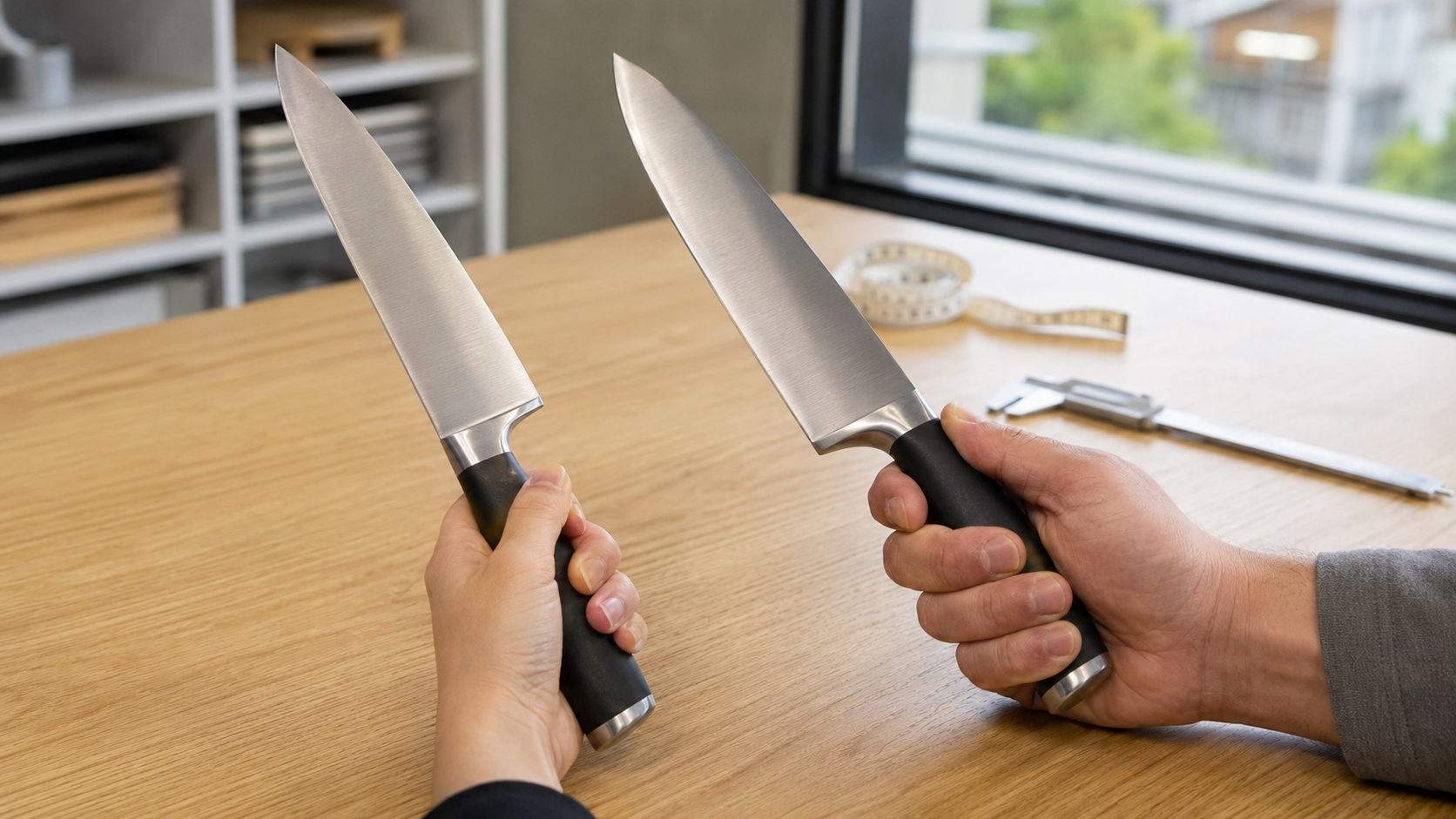 Two users with different hand sizes holding identical unbranded kitchen knife handles