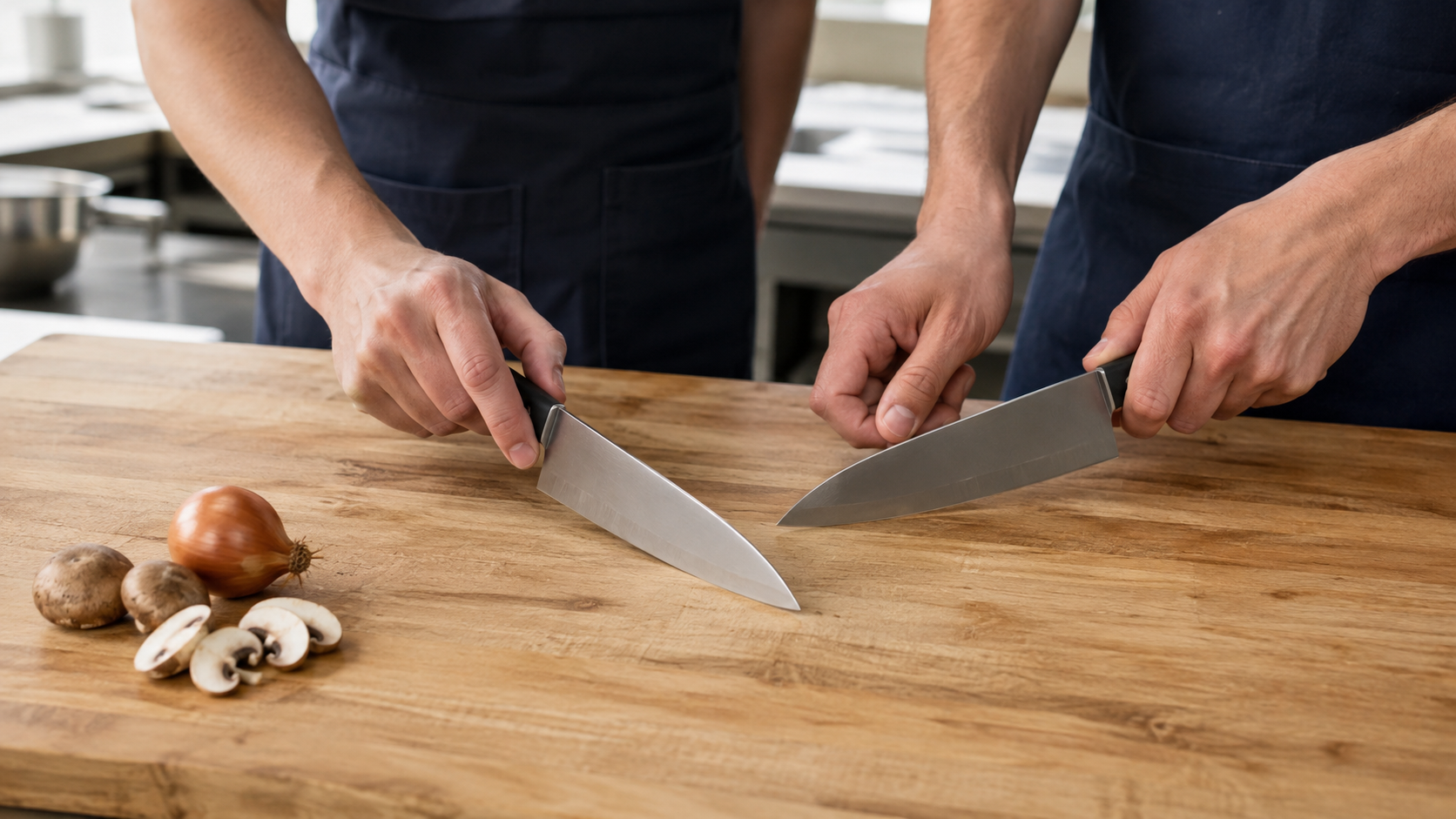 Two common kitchen knife grip styles demonstrated with identical unbranded knives