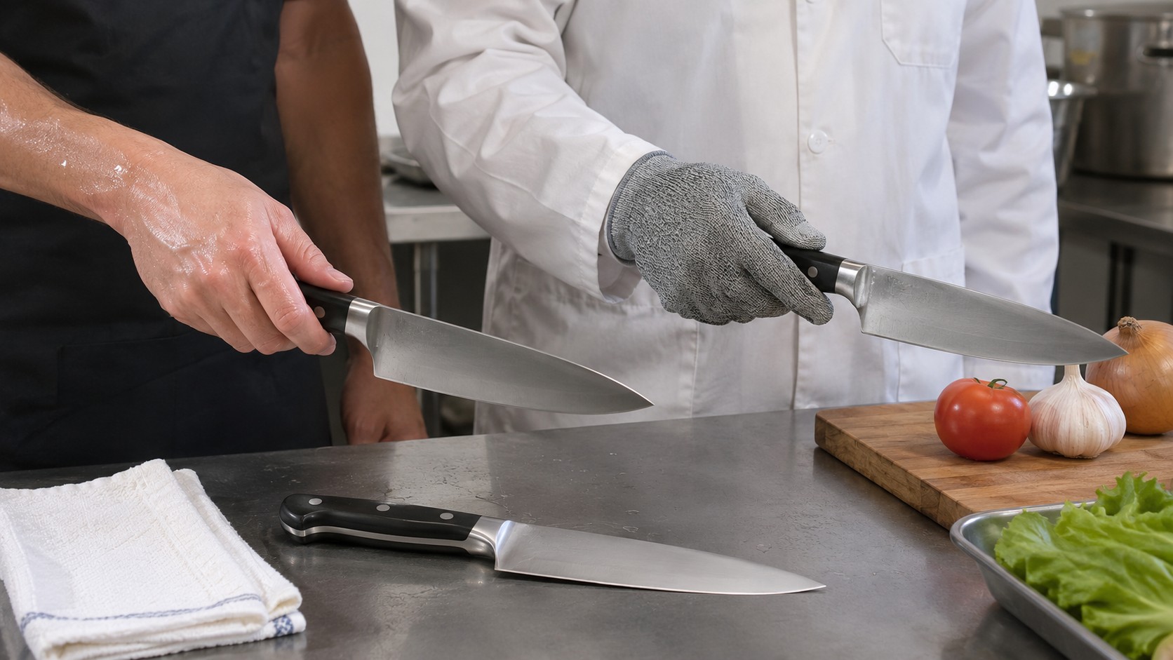 Kitchen knife handles evaluated with a damp bare hand and a food-processing glove