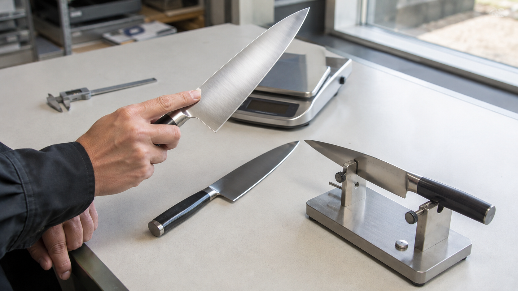 Kitchen knives reviewed for total weight, balance, and grip position in a product inspection