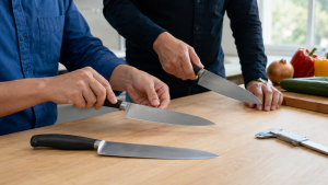 Three unbranded kitchen knives with different handle shapes evaluated by users with different grips