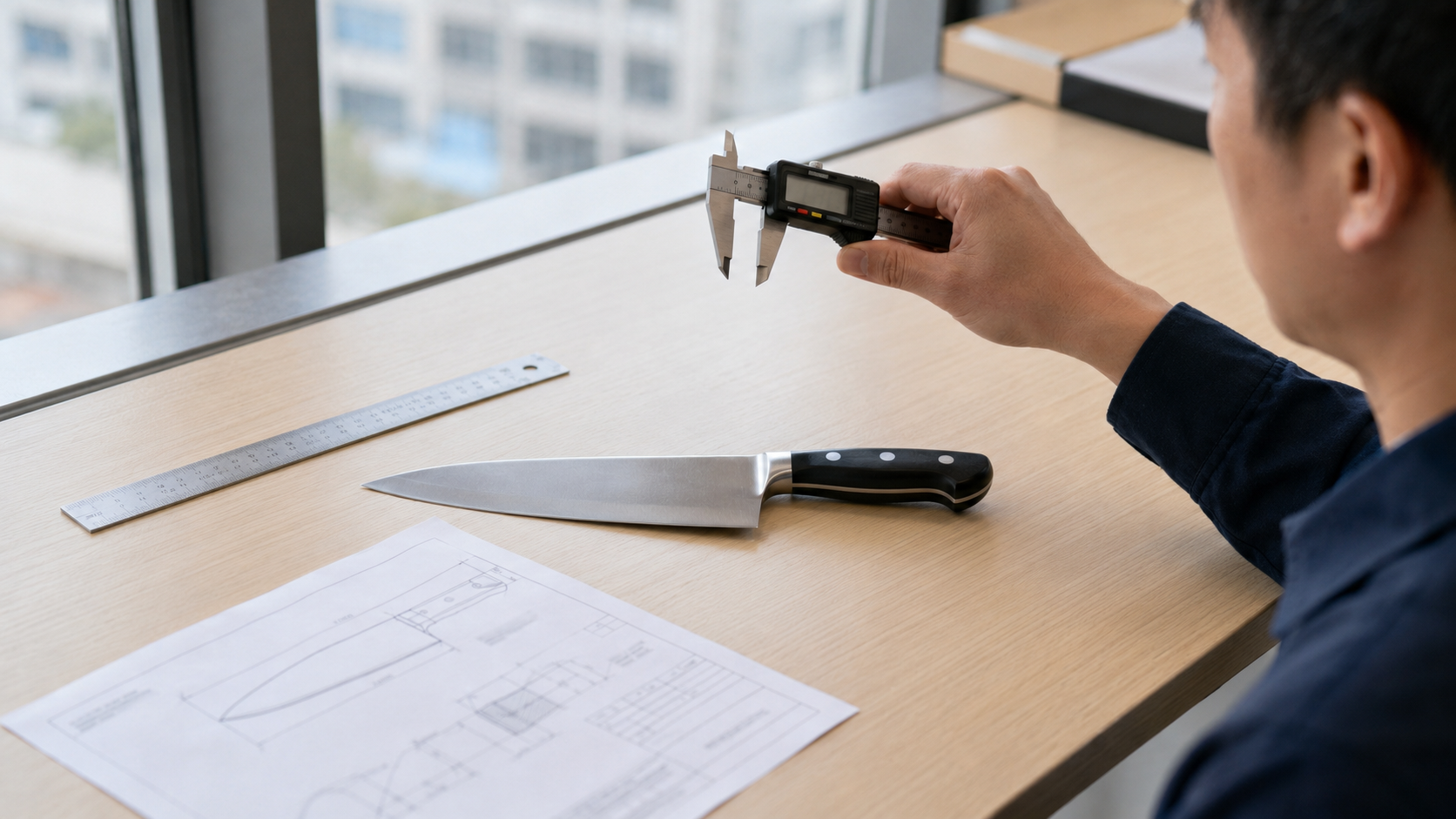 Kitchen knife dimensions checked with measuring tools against a technical specification