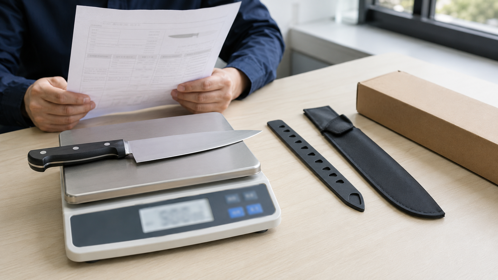 Kitchen knife and accessories weighed to clarify product mass definitions