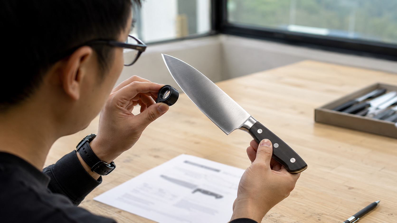 Kitchen knife surface finish and handle construction compared against specification criteria