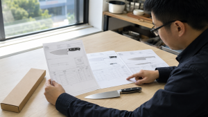 Kitchen knife specification sheet reviewed beside unbranded knives and measurement tools