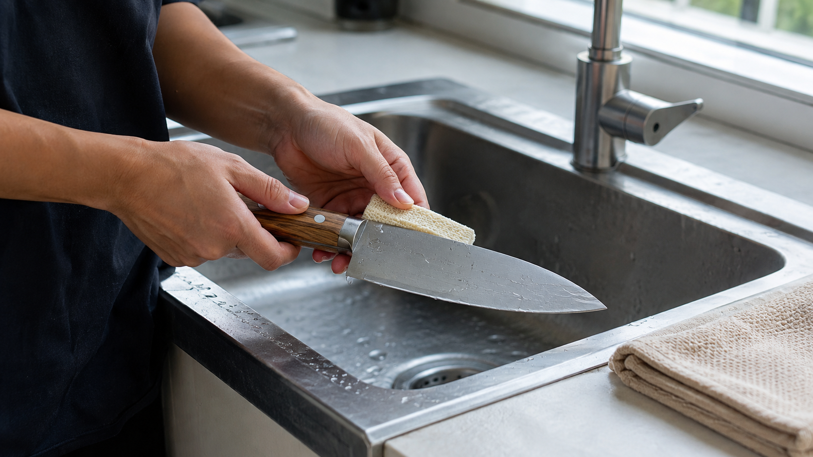 Wooden-handled kitchen knife cleaned briefly by hand without soaking