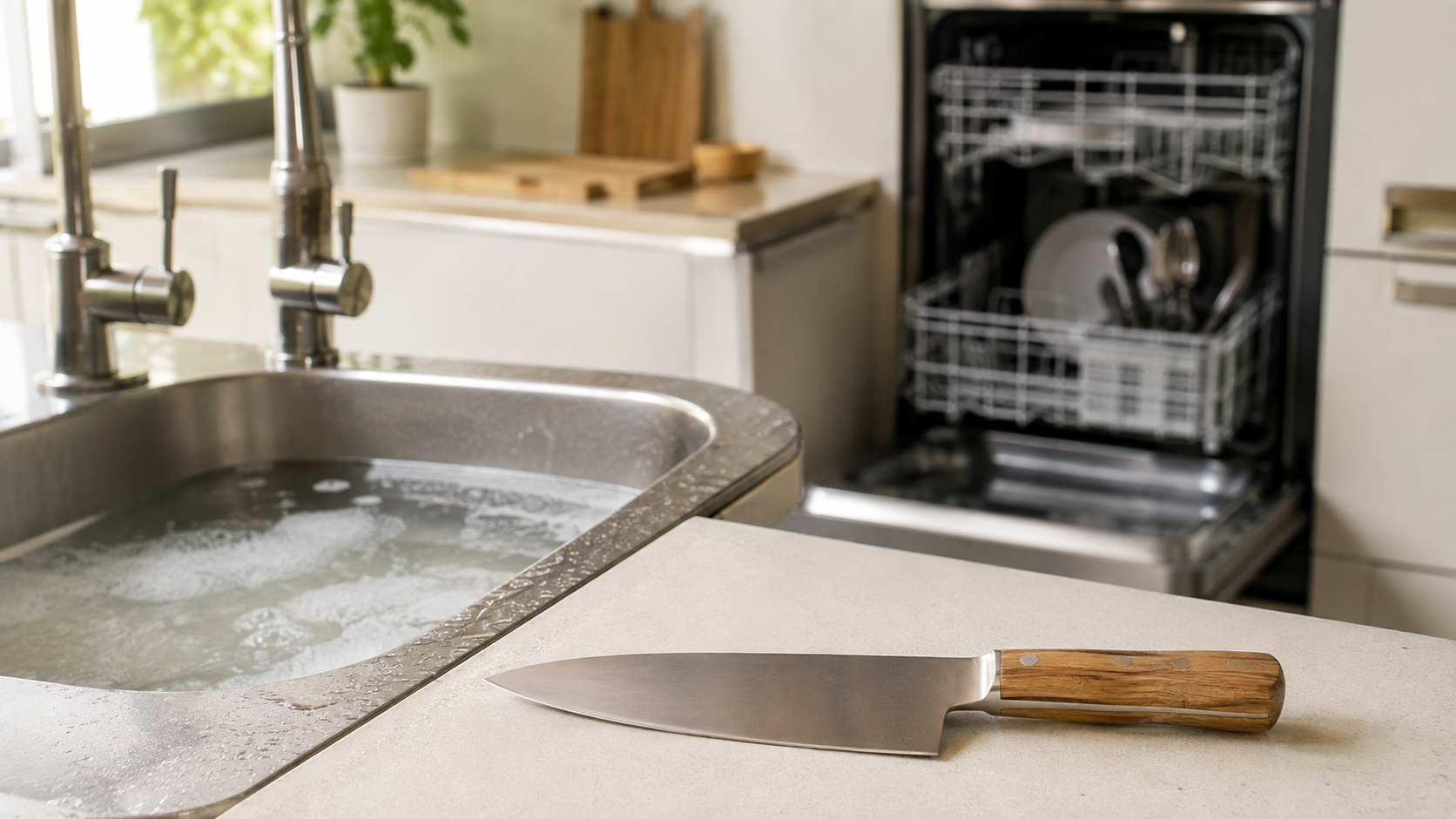 Wooden-handled kitchen knife kept outside a dishwasher during cleaning