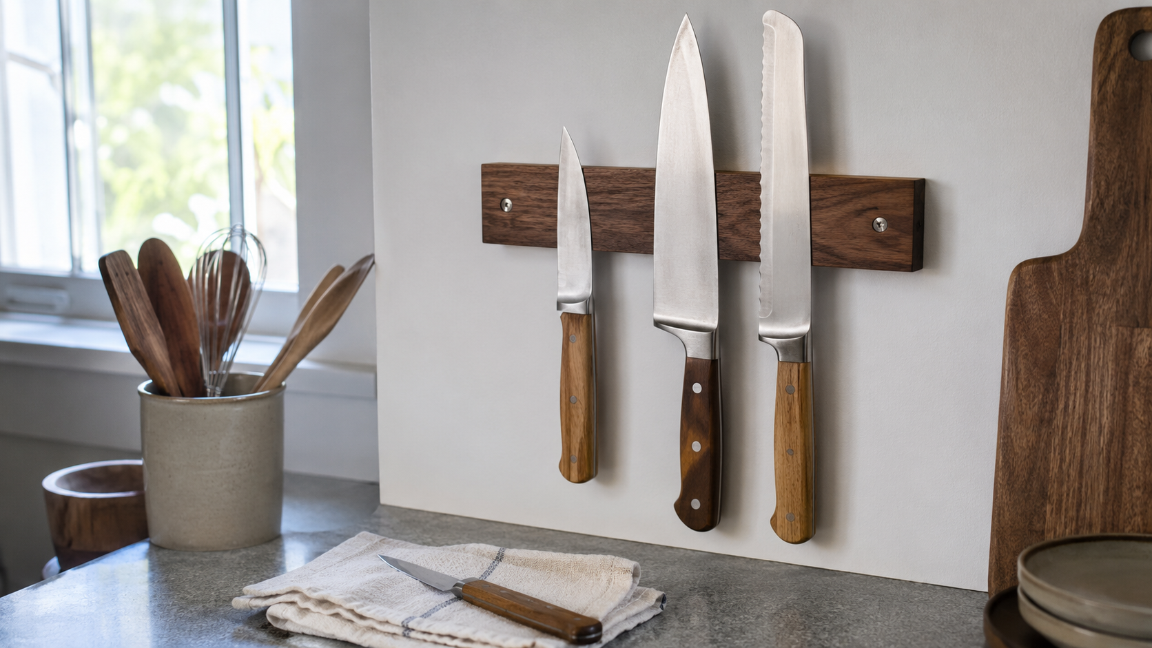 Wooden-handled kitchen knife dried before ventilated storage