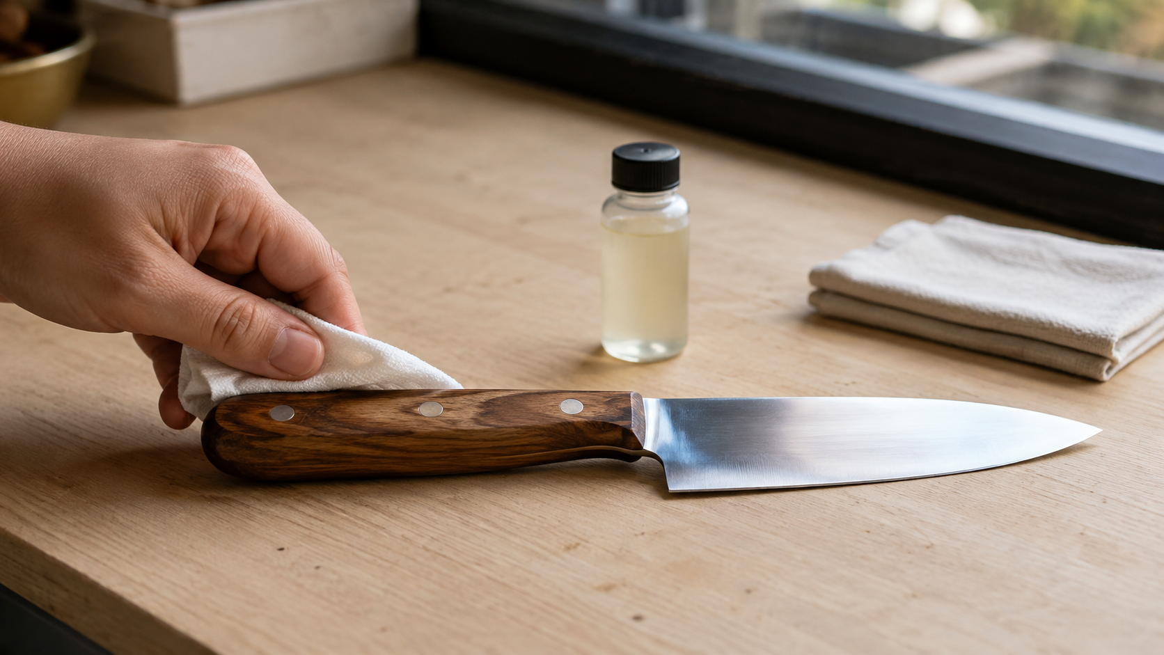 Food-grade conditioning oil applied sparingly to a wooden knife handle