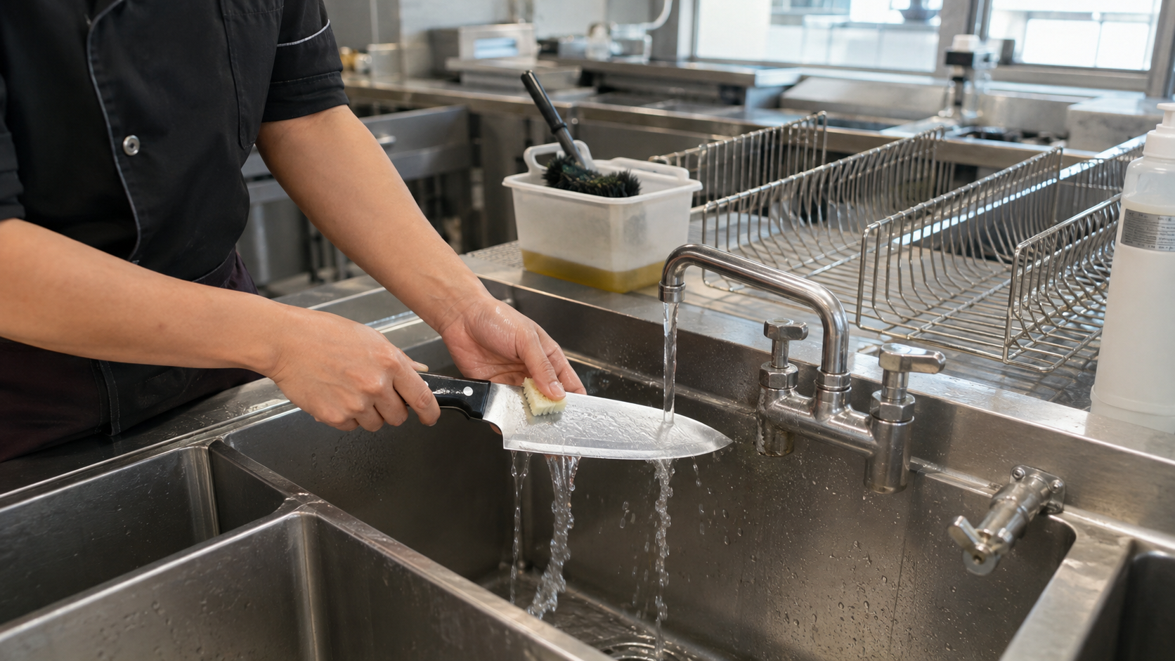 Knife cleaning rinsing sanitizing and drying shown as distinct process steps