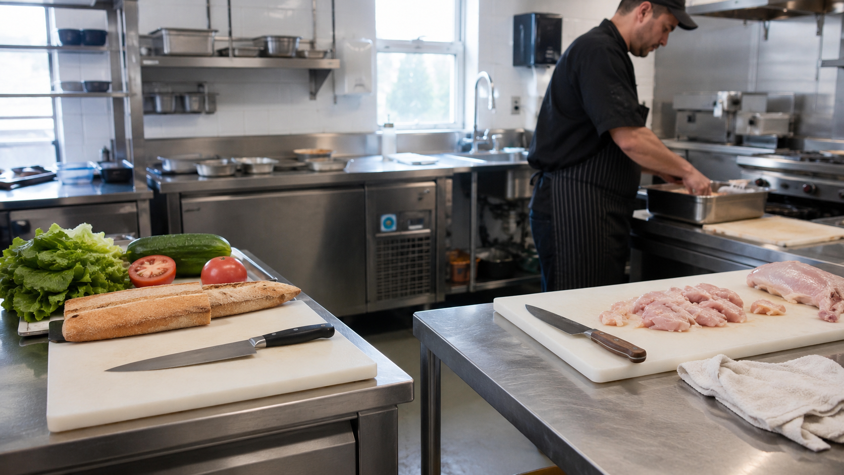 Color-coded knives and work areas separating food-preparation tasks
