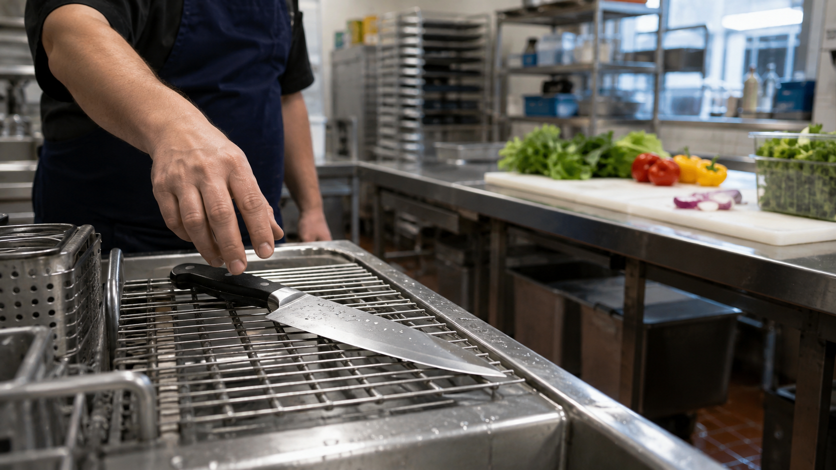One kitchen knife moving through a complete cleaning and sanitizing changeover