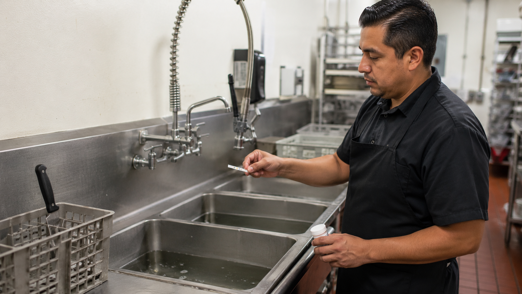 Sanitizer concentration temperature and contact-time parameters checked for a knife-cleaning process