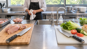 Unbranded kitchen knives and cleaning tools arranged for a food-safety workflow review