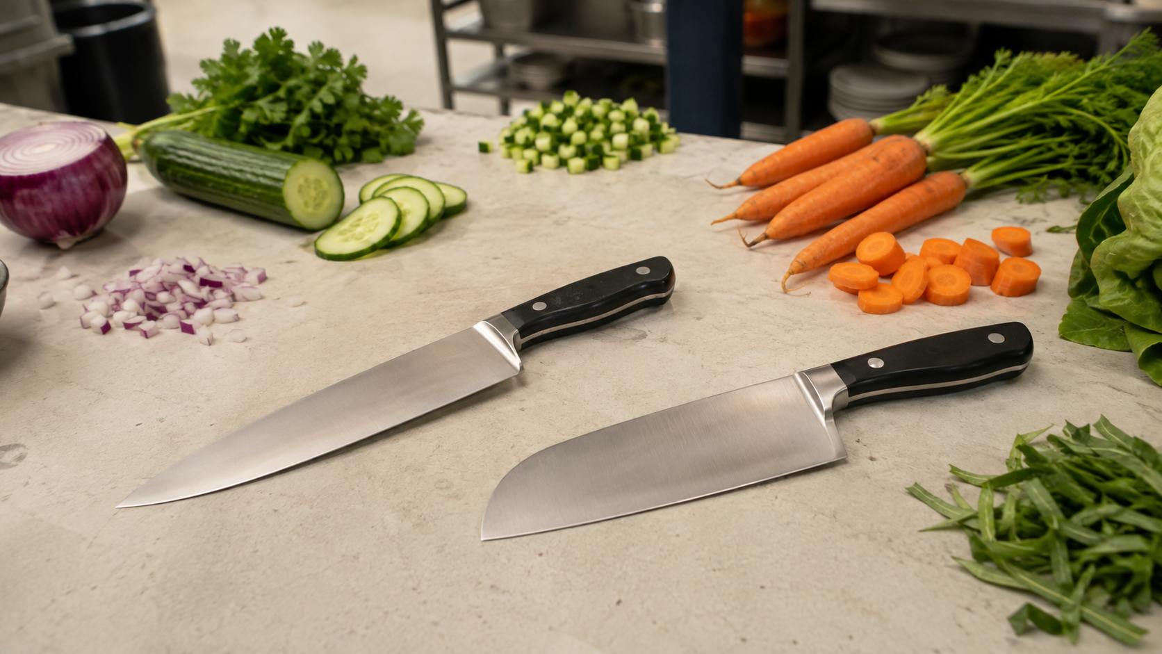 Chef knife and Santoku compared for general kitchen preparation tasks