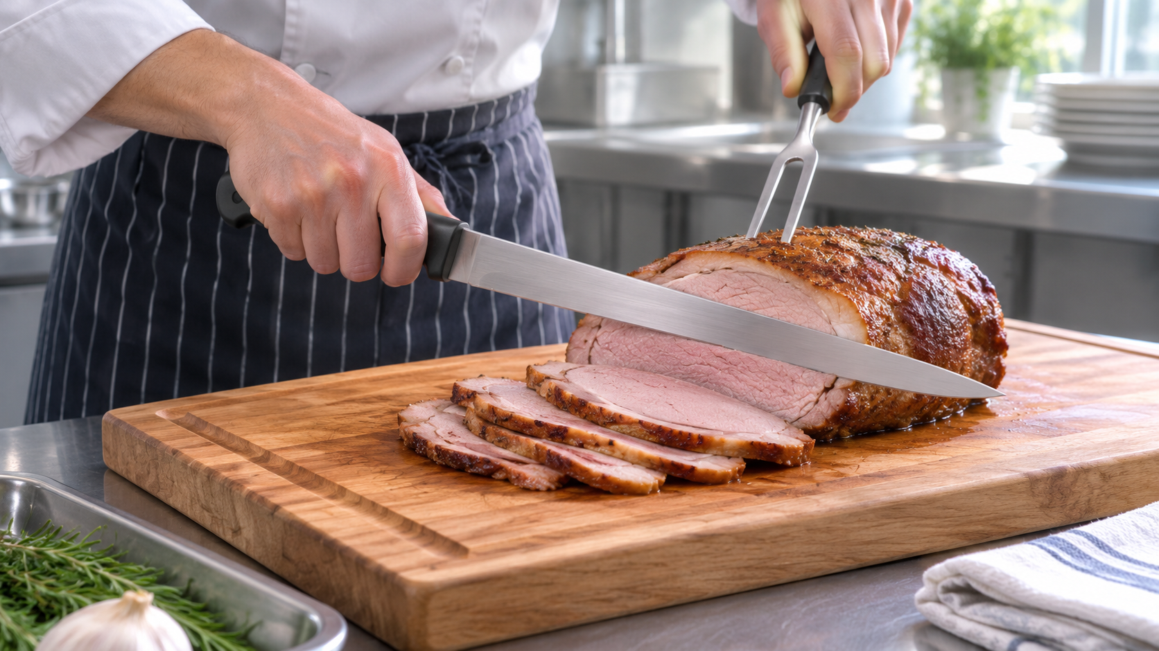 Long slicing and carving knives compared for portioning cooked meat and fish