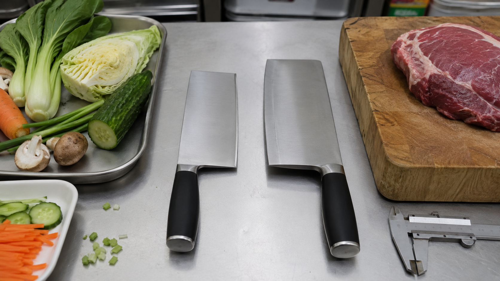 Chinese-style vegetable cleaver and heavy meat cleaver shown for different intended tasks
