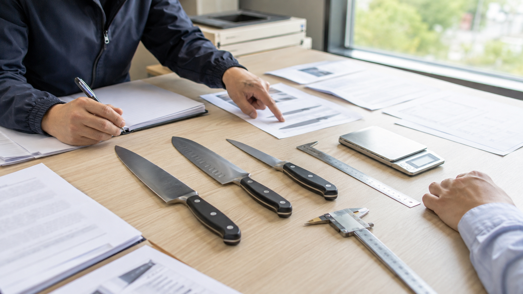 Buyer comparing kitchen knife specifications against intended cutting tasks