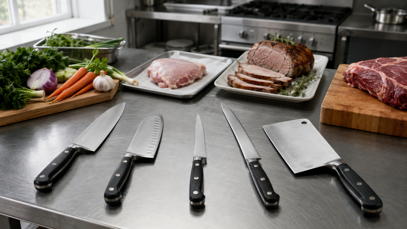 Kitchen knife types arranged for task-based comparison