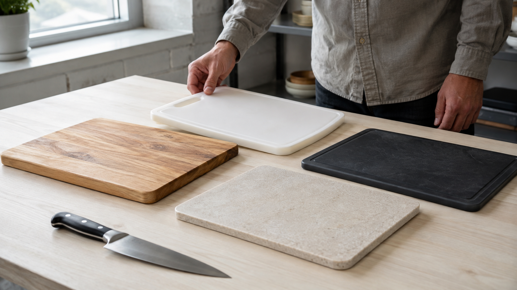 Wood plastic rubber composite and hard-surface cutting boards compared side by side