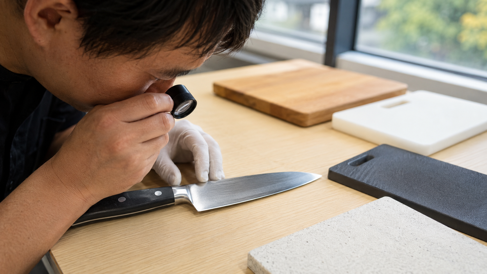 Knife edge contacting a cutting board under controlled comparison conditions