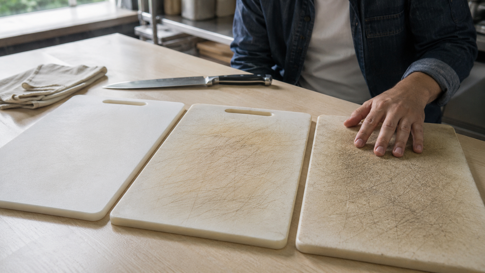 New used grooved and warped cutting boards compared for surface condition