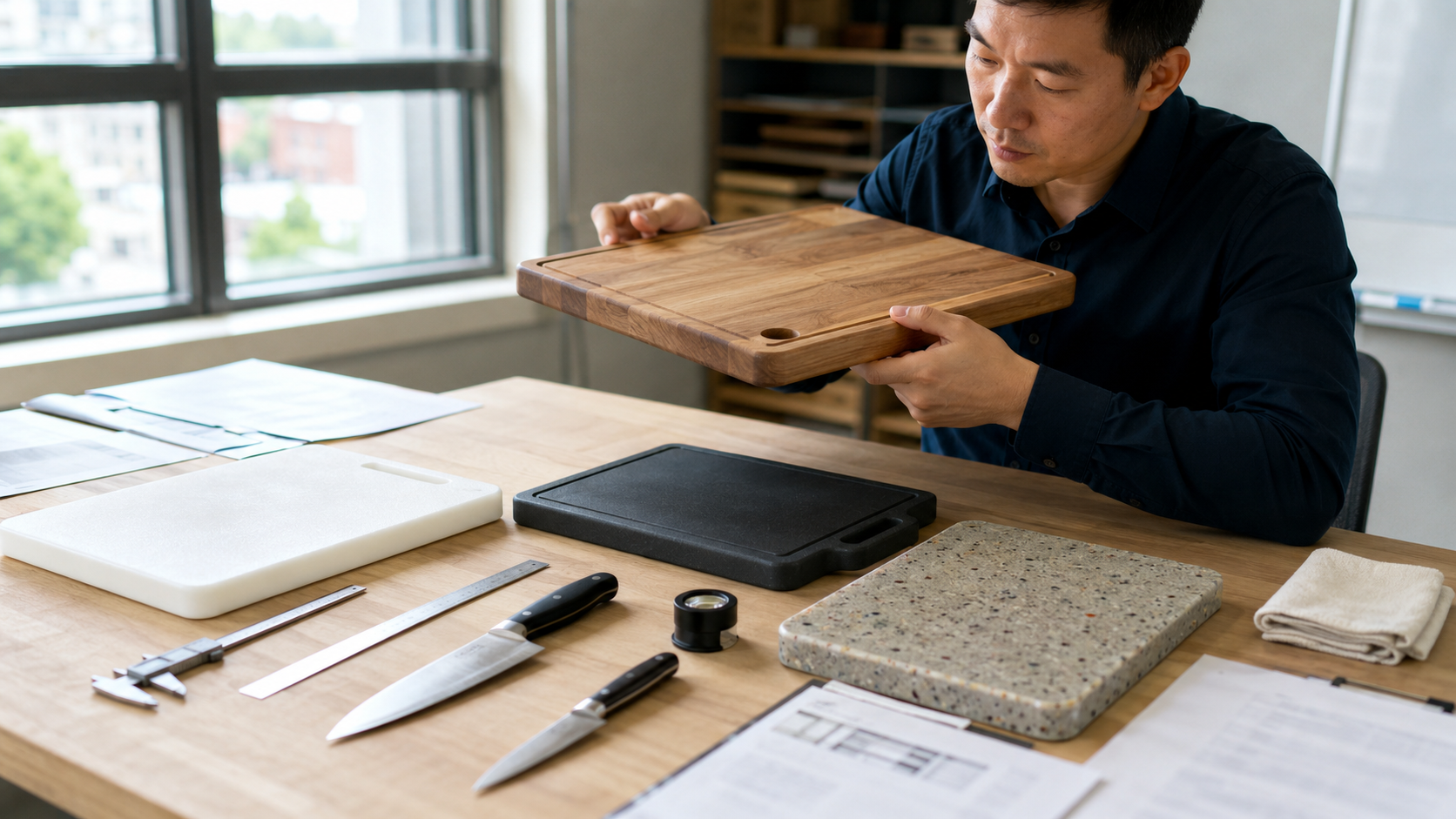Buyer and quality-control team reviewing cutting-board and knife-edge test specifications