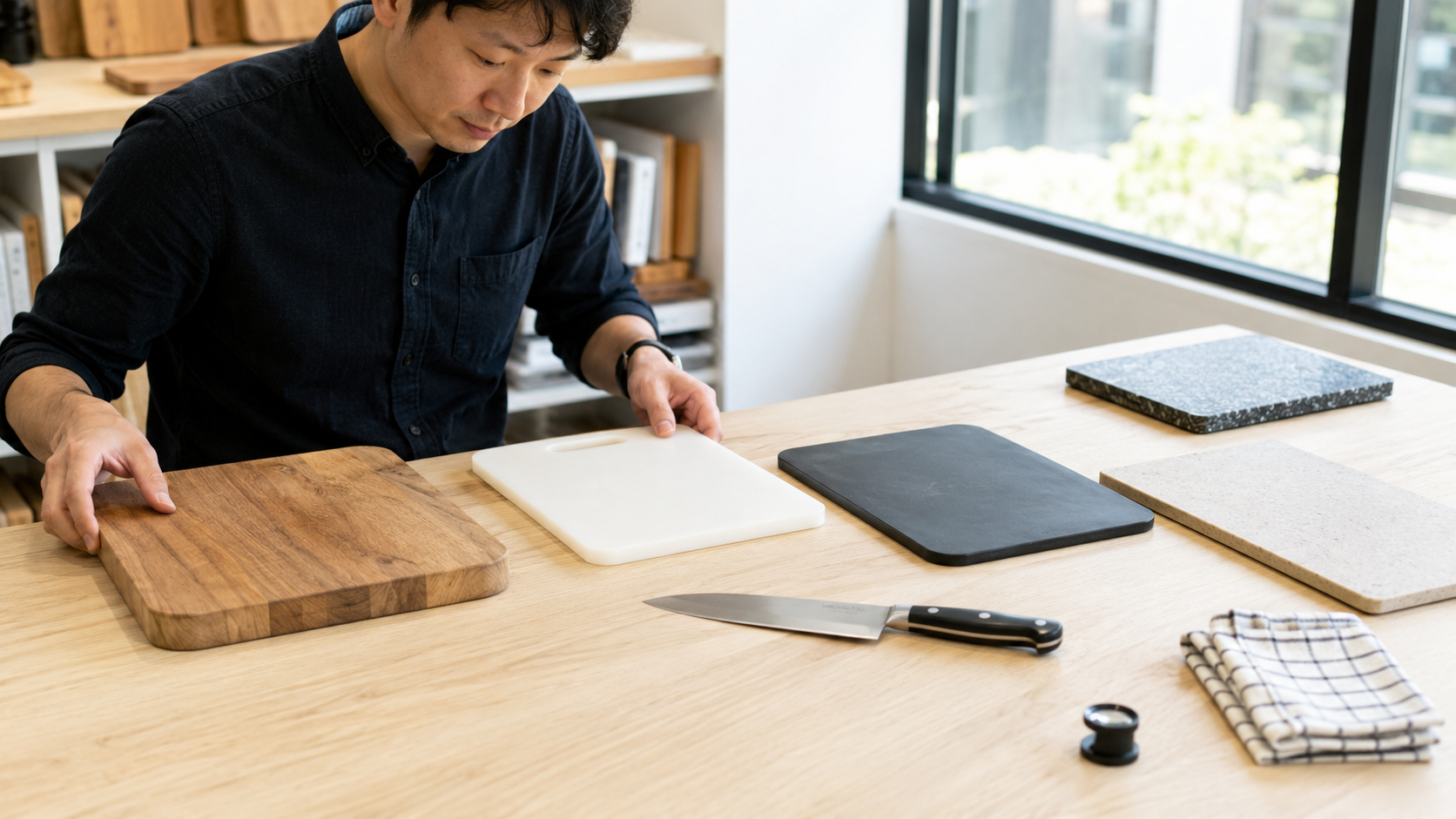 Cutting-board materials and knife-edge maintenance shown for visual context