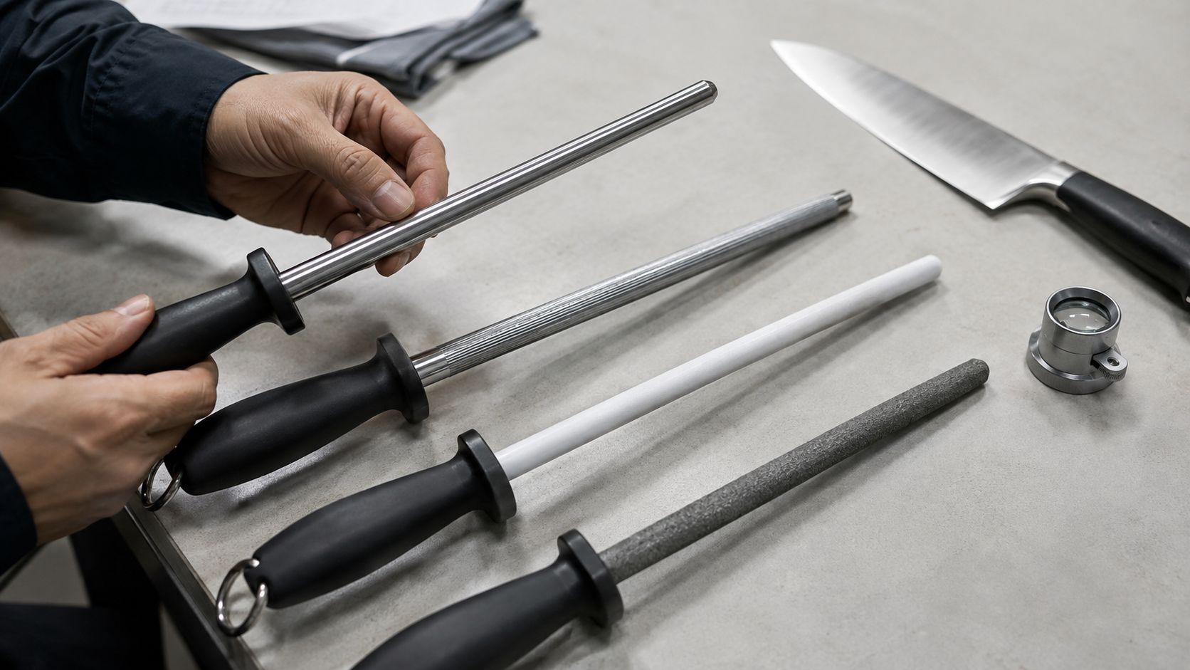 Polished, grooved, ceramic and abrasive sharpening rods compared on a workbench