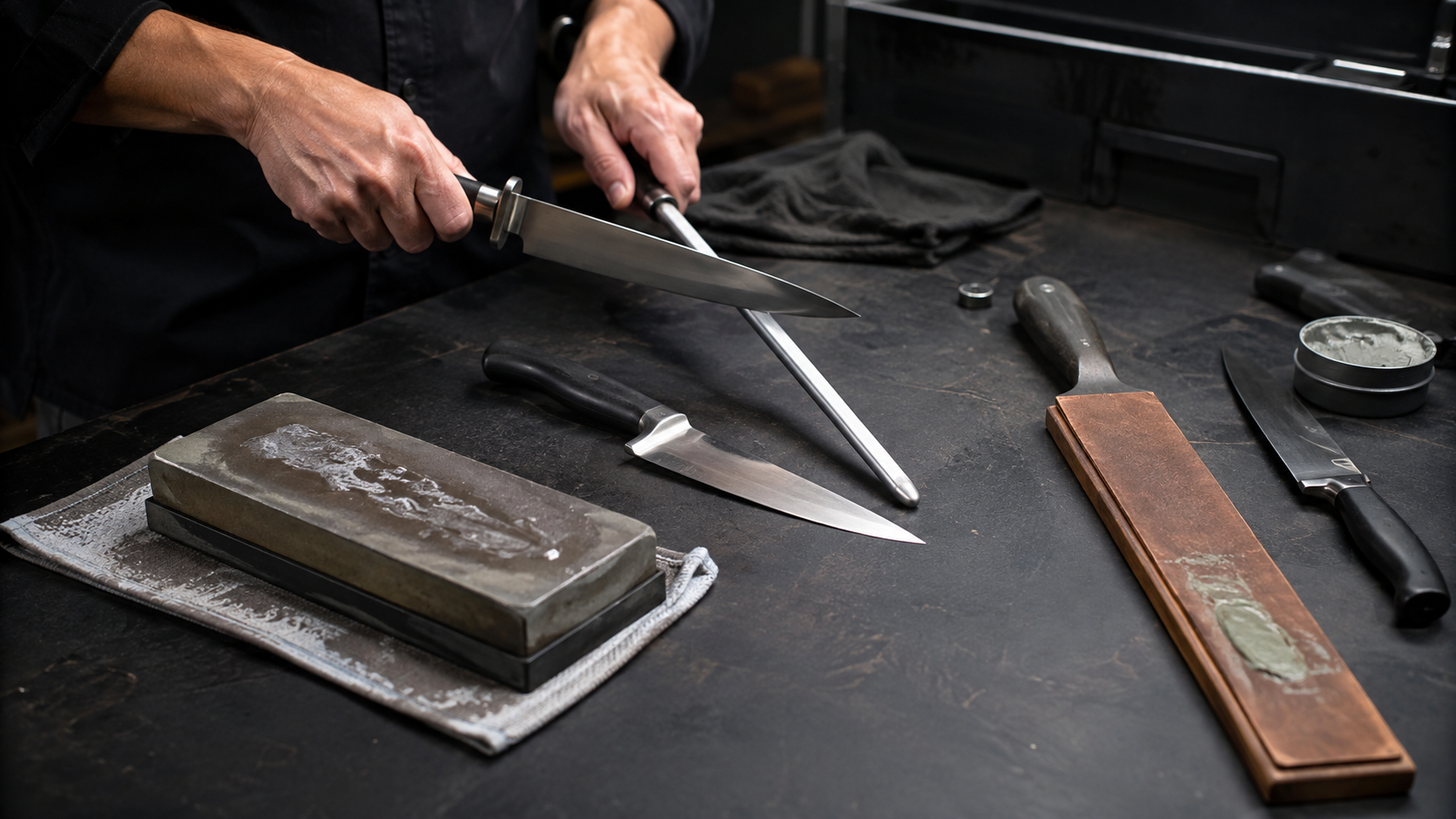 Knife maintenance tools illustrating sharpening, rod maintenance and stropping methods