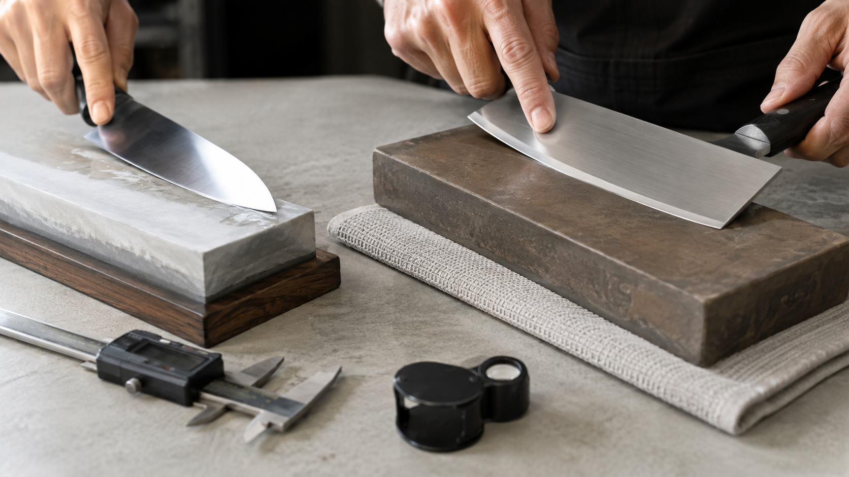 Chef knives on sharpening stones illustrating edge sharpening and thinning or reprofiling