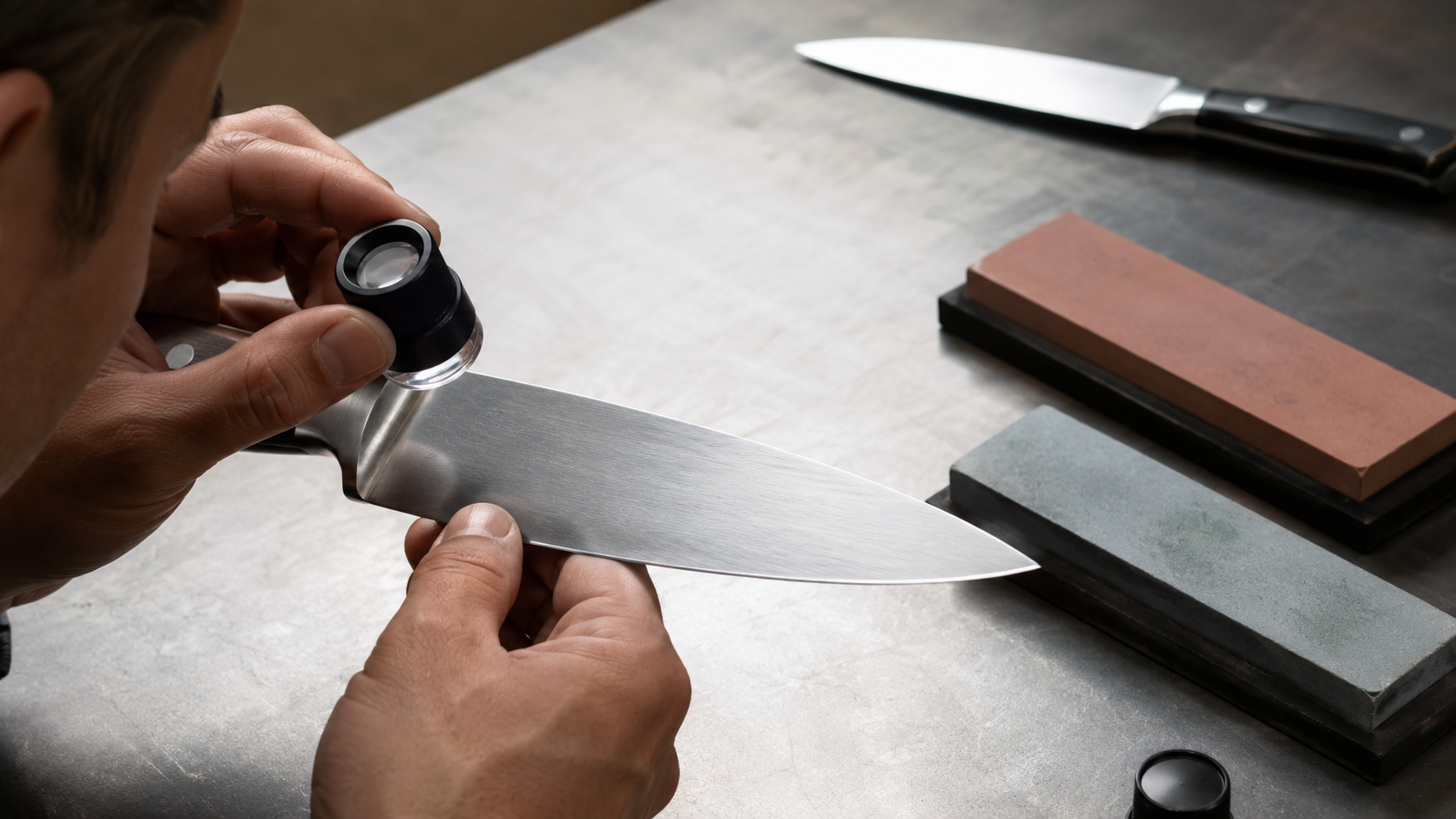 Knife edge inspected with a magnifier before maintenance or edge repair
