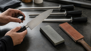Chef knife inspected with sharpening stones, honing rods, strop and magnifier