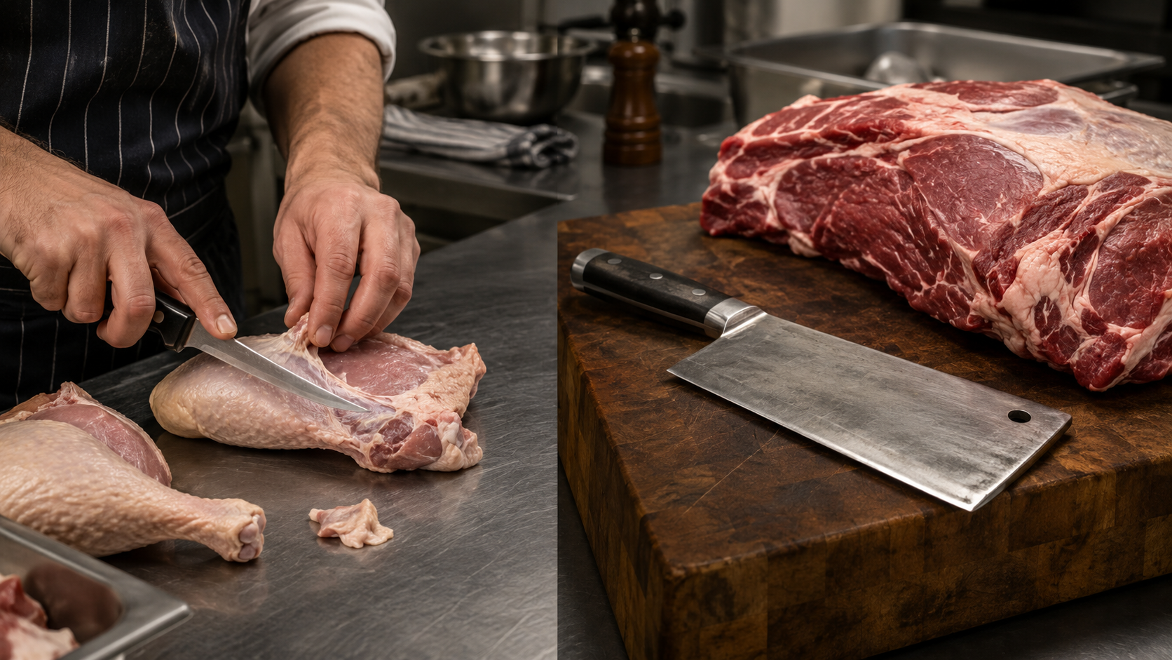A boning knife used for controlled trimming and a heavy cleaver shown separately for a different meat-preparation task.