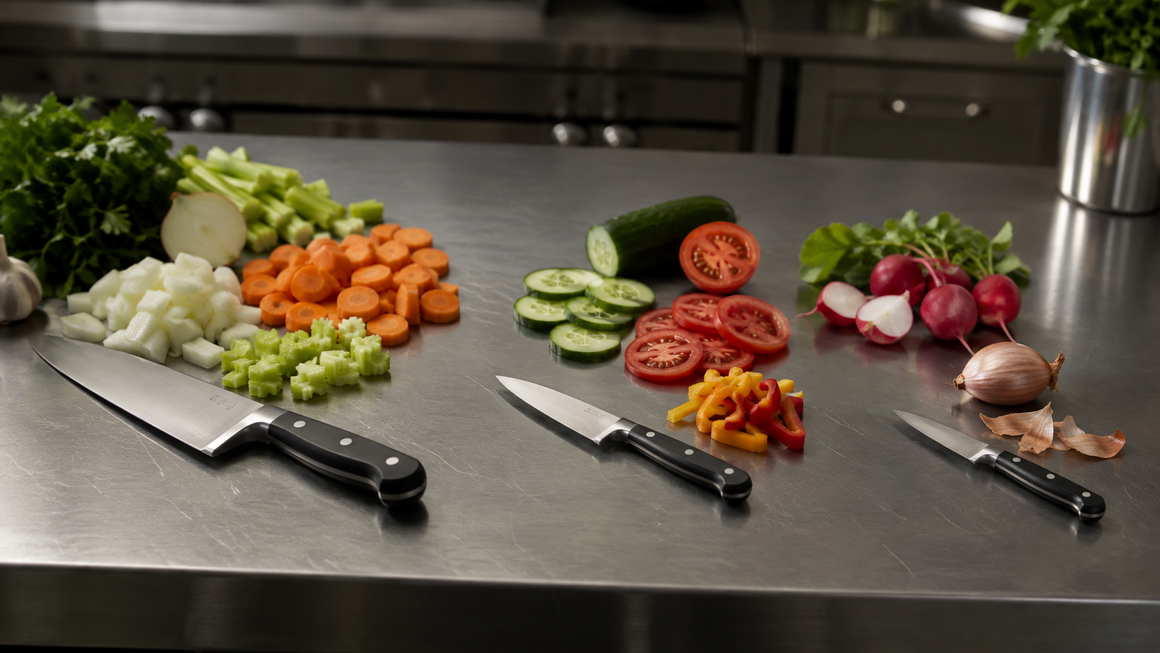 Chef’s, utility and paring knives shown at different preparation scales with vegetables.