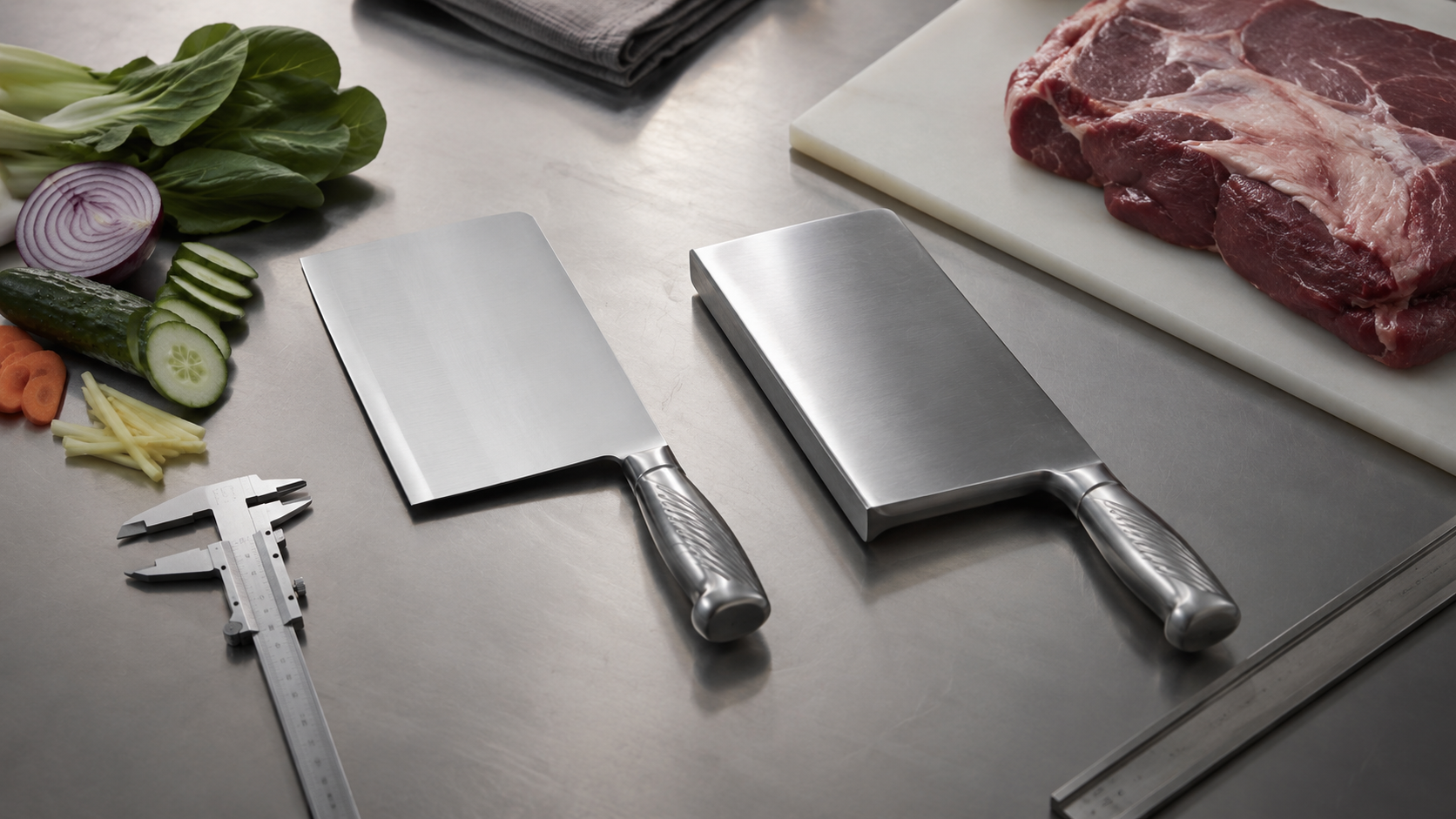 Chinese-style and meat cleavers shown side by side to illustrate why intended use must be confirmed.