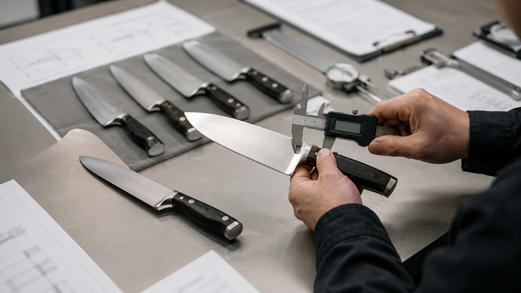 Generic kitchen knife samples being checked with a caliper during specification confirmation.