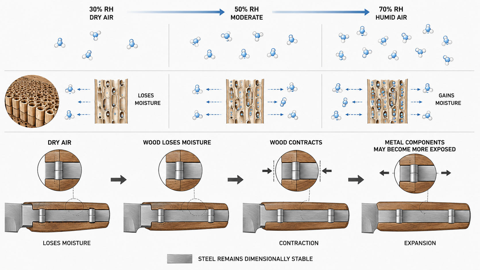Illustrative relationship between humidity, wood moisture and dimensional change.